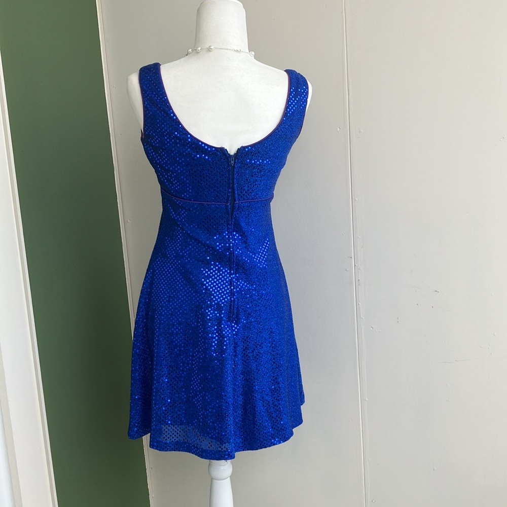 Vintage 80s Cobalt Blue Sequin Metallic Fit and Flare Dress - Picture 3 of 7